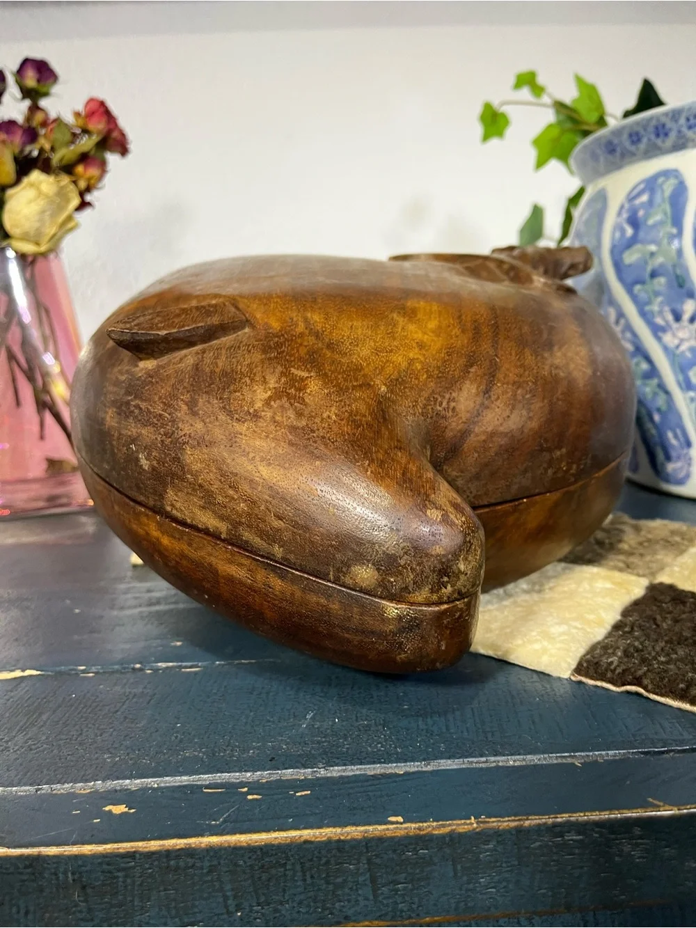 Vintage Hand-Carved Wooden Apple 🍎 Bowl with Sword 🗡️